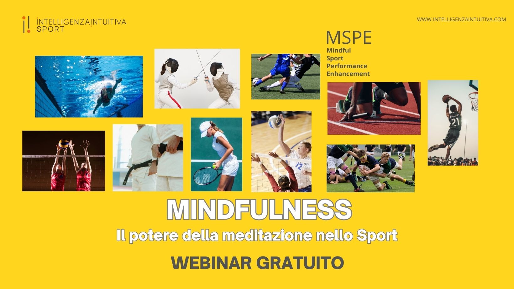 Immagini di diversi sport con titolo webinar Mindfulness. Il potere della meditazione nello sport